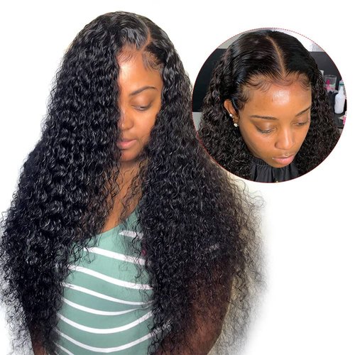 Bafamiya Natural Black Deep Wave Human Hair Wig 4x4 Lace Wig 20 Inch 200% Density Natural Black Wet and Wavy Lace Front Wigs with Baby Hair Pre Plucked For Black Women