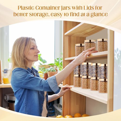 SATINIOR 12 Pack 16 oz Plastic Container Jars with Lids Round Clear Travel Cosmetic Container Slime Jars for Toiletries, Lotion, Cream, Ointments, Makeup, Rhinestone, Samples, Kitchen Storage(Gold)
