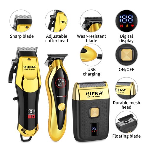 HIENA PRO Professional Hair Clippers Set, Cordless Hair Clipper for Barber Kit, USB-C Rechargeable Barber Clippers for Men with LED Display