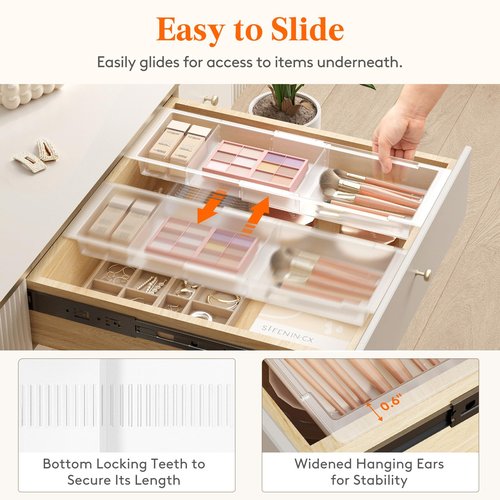 Lifewit Sliding Makeup Drawer Organizer Trays with Inserts, Extendable Hanging Desk Drawer Divider, Fits 13-20" Deep Drawers, 1.8" High Plastic Organizer Tray for Vanity, Office, Kitchen, Translucent