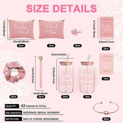 KIKINIKO Bridesmaid Gifts Set of 6 Pink, Total 42 pcs, Bridesmaid Proposal Gifts Contain 16oz Glass Cups Cosmetic Makeup Bags Invited Cards Scrunchies Hair Knotted Bracelets Diamond Pens love clip