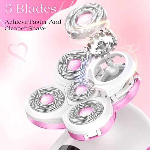 Electric Razors for Women, Rechargeable Rotary Painless Shaver for Legs Bikini Facial Hair Removal, Body Wet/Dry Razor Water Resistant Grooming Kit, Cordless Womens Trimmer for Lady (Light Pink)