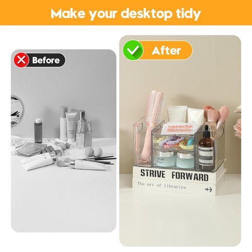 Imakmasion Acrylic Makeup Organizer for Countertop – 2 Drawers & 3 Compartments, Clear Storage Bin. Multi-use for Skincare, Cosmetics, Jewelry & Small Accessories, fits Vanity, Bathroom, Office, Craft