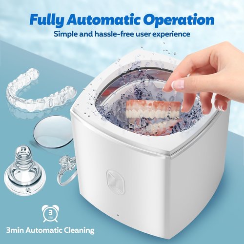 U-V Ultrasonic Dental Cleaner;UltraSonic Retainer Cleaner Machine for Denture,Aligner,Whitening tray,200ml Portable Mouth Guard Cleaner, Invisalign Cleaner Pod,Professional Sonic Jewelry Cleaner White
