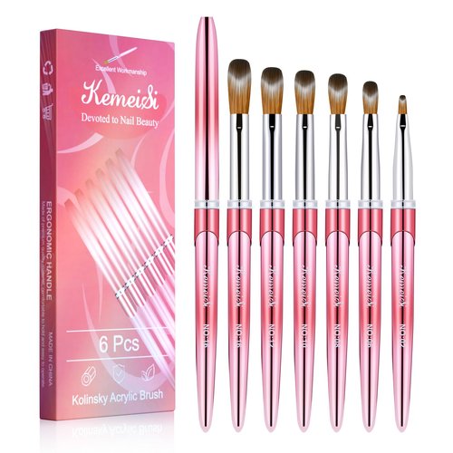 KEMEISI Acrylic Nail Brush Set, Size 02/06/08/10/12/16 Kolinsky Nail Art Brushes for Acrylic Application, Sturdy Handle Oval Shaped Acrylic Powder Nail Design Tools for Professional Manicure DIY Home