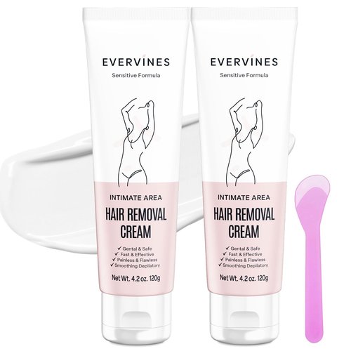 Evervines Hair Removal Cream for Women: Bikini Line Intimate Area Depilatory for Face Legs and Underarms - Gentle Formula for Home and Travel Use - Includes Scraper (4.2oz)