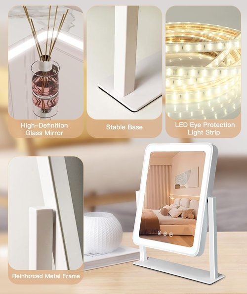 Irosiy Lighted Makeup Mirror, Hollywood Vanity Mirror, 3 Color Lighting Modes, 360° Rotation, HD Glass Mirror, and 10X Magnification Mirror Smart Touch Control for Home & Travel (White)