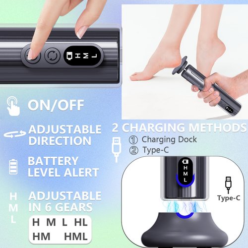 Electric Foot Callus Remover with Nano-Glass Head&Rechargeable Base,6 Speeds Cordless Electric Foot File with Digital Display,Callus Remover for Feet Dead Skin Home Spa Salon with 60Pcs Sandpaper Disk