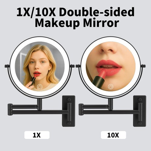 LANSI Wall Mounted Makeup Mirror with Lights, 8" Bathroom Vanity Magnifying Mirror Wall Mount with 1X/10X Magnification and Extendable Arm,Black