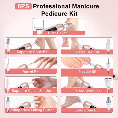 Atopskins Electric Nail Drill Cordless Nail File Professional Manicure Pedicure Kit, 9 in 1 Hand Foot Rechargeable Care Tool, 10 Speeds Electric Nail File Grinder for Thick Toenail Trim Polish Pink