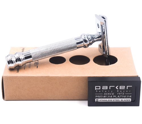 Parker 98R Heavyweight 3-Piece Double Edge Safety Razor – Long Handle, Closed Comb Design for Smooth Wet Shaving, Includes 5 Platinum Blades – Iconic Brand in Traditional Shaving