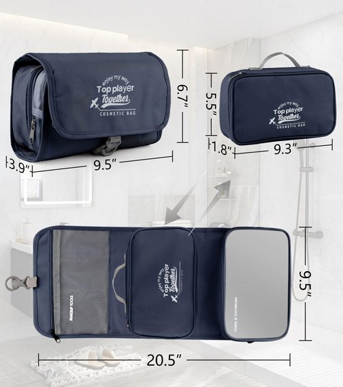 Piegricdiat Hanging toiletry bag for men - large functional hanging travel toiletry bag with detachable wet/dry compartments. mens hanging toiletry travel bag (dark blue)