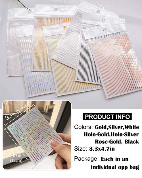 7 Sheets Nail Striping Tape Metallic Lines French Tip Manicure Strip Adhesive Holographic Foil Design Gold Sticker Decals for Nail Art