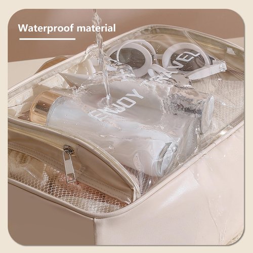 DAPOWER Travel Toiletry Bag for Women and Men, Beach Bag Waterproof Sandproof, Large Clear Tote for Gym Pool Beach Summer Vacation (Beige)