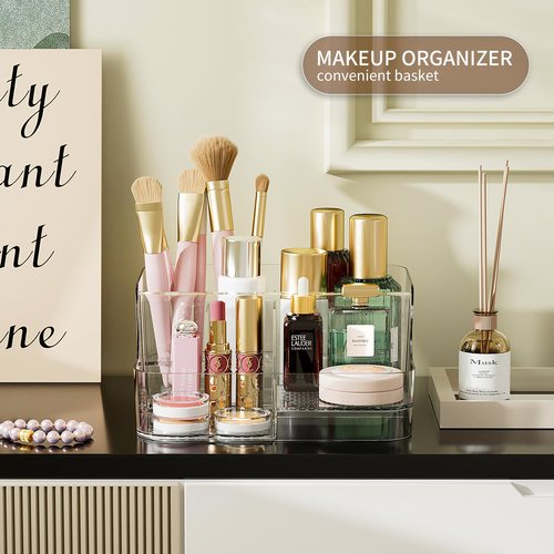 APLOP Clear Makeup Organizer Countertop – 6 Compartments Cosmetic, Jewelry, Skincare & Perfume Organizer, Vanity and Bathroom Counter Organizer, Multi-Use Makeup Brush Holder
