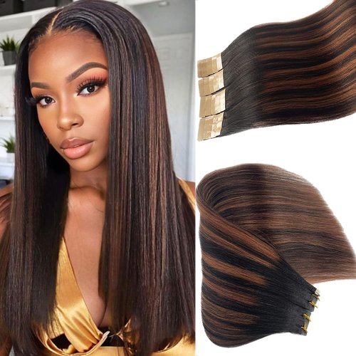 Balayage Yaki Tape in Hair Extensions Human Hair, Light Yaki Straight Tape ins Human Hair Extensions for Black Women 14 Inch Natural Black with Chocolate Brown Highlight Remy Extension with Dark Roots