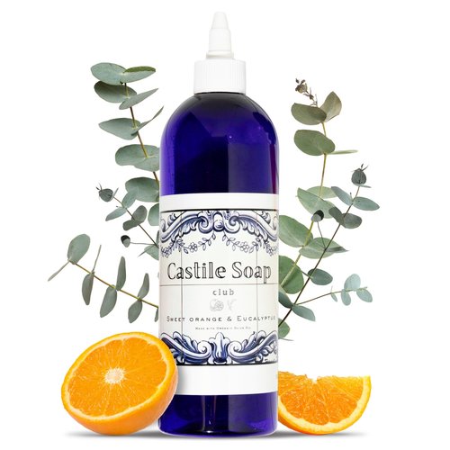 Castile Soap Club Natural Castile Soap | Organic Liquid Soap | Gentle on Sensitive Skin | Use on Hair, Body, Hands & Home | Vegan, No Palm Oil or Additives (16oz, Sweet Orange & Eucalyptus)