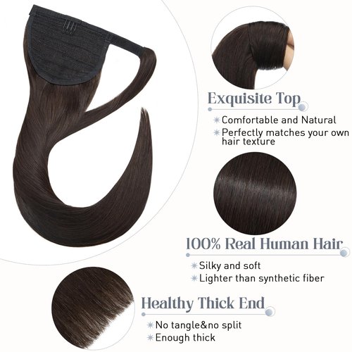Rich Choices Ponytail Extension 100% Real Human Hair Wrap Around Remy Ponytail Extension for Women Clip In Long Pony tail Extensions Straight 15 Inch #2 Dark Brown