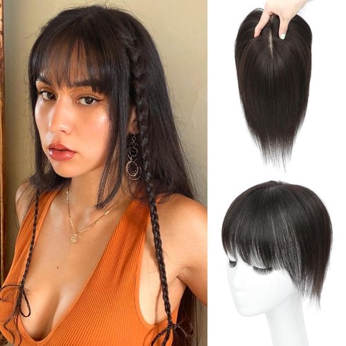 BUPPLER Hair Toppers for Women Real Human Hair-U Shape Toppers Hair Pieces for Women with Thinning Hairr 150% Density Silk Base Clip in Human Topper with Bangs for Daily Use(Brown Black-1B