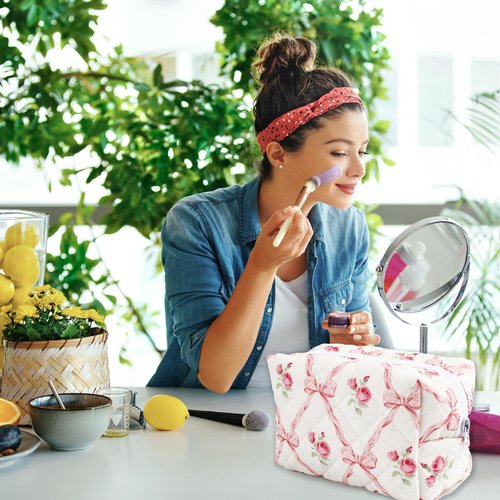 URSKYTOUS Quilted Makeup Bag Floral Large Cute Cosmetic Bag Cotton Puffy Makeup Organizer Coquette Travel Makeup Pouch Aesthetic Portable Zipper Toiletry Storage Bag for Women Girls (Pink Bow)