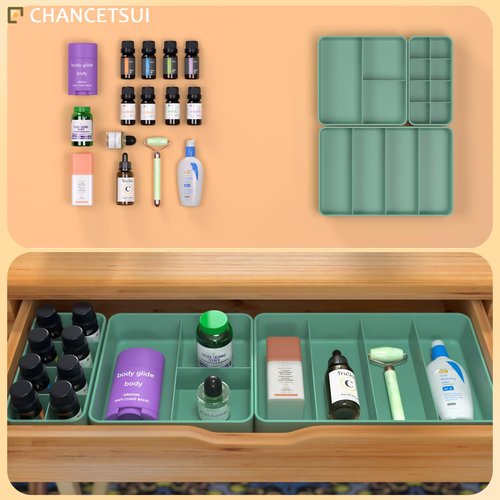 CHANCETSUI Drawer Organizer Storage Tray Set – Modular, Stackable Bins for Vanity, Bathroom, Makeup & Personal Care – Boho Style Plastic Trays with Customizable Slots, Durable & Space-Saving Design