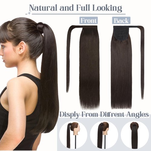 Rich Choices Ponytail Extension 100% Real Human Hair Wrap Around Remy Ponytail Extension for Women Clip In Long Pony tail Extensions Straight 15 Inch #2 Dark Brown