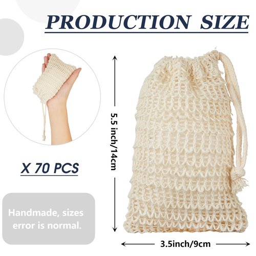 Cunhill 70 Pack Soap Saver Bag Bar Exfoliating Pouch Sisal Soap Savers Mesh Bag with Drawstring Foaming and Drying Holder for Bath and Shower