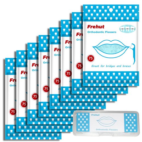 Frehut 600 Count Orthodontic Flossers for Braces - Ortho Dental Floss Picks, 75 Count (Pack of 8), with a Travel Case