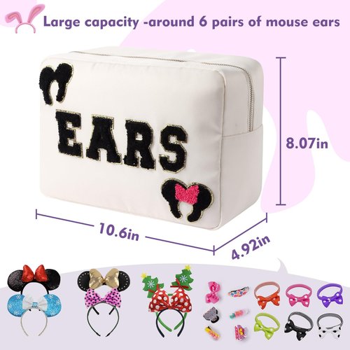 Dealkion Headband Holder Organizer Headband Storage Mouse Ear Holder Bag Hair Accessories Organizer Chenille Letter Makeup Bag Park Travel Essentials Gifts for Women