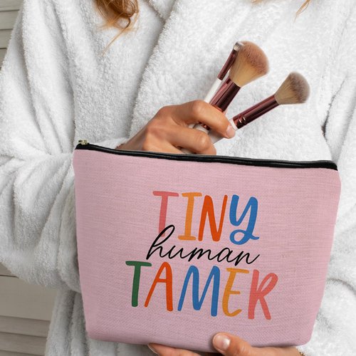 Supwhd Tiny Human Tamer Teacher Makeup Bag, Funny Cosmetic Pouch Zipper Pouch, Small Makeup Bag for Purse (Pink)