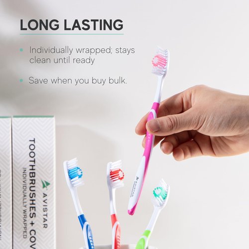120 Pack Bulk Toothbrushes w/Cover Caps, Individually Wrapped Disposable Travel Toothbrush, Value Size, Long Lasting 3+ Months, Med-Soft Manual Teeth Brush Bristles, 4 Colors (Red Green Blue Pink)