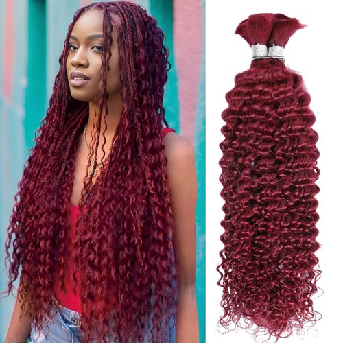Habiliana Curly Burgundy Human Braiding Hair 2 Bundles Total 100g 16 Inch 99J Burgundy Bulk Bundles Braiding Brazilian Virgin Curly Human Hair Extensions for Boho Braids