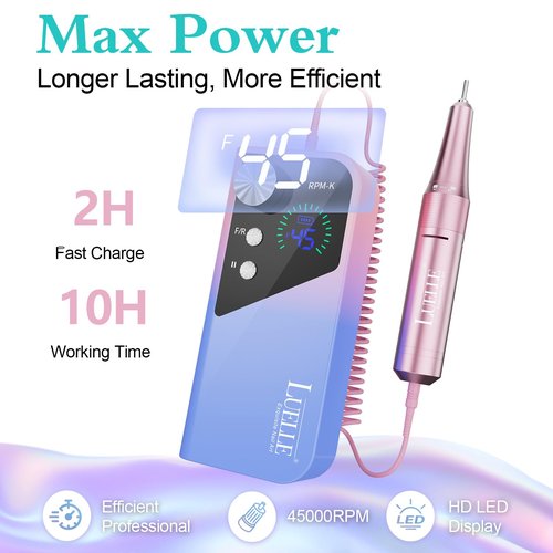 Electric Nail Drill File Professional 45000 RPM, LUELLE Electric Nail File Machine Kit for Acrylic Gel Nails Polishing Removing, Portable Rechargeable Cordless E File with Gold Bits Kit for Salon Home