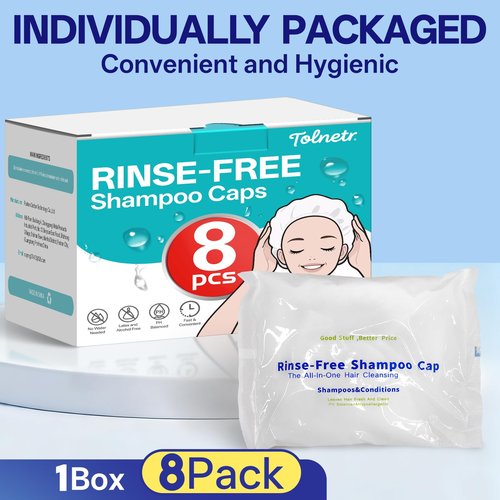 Tolnetr No Water Rinse Shampoo Caps, Microwavable Waterless Shampoo Cap for Bedridden Patients Elderly, Rinse Free Dry Hair Washing Caps for Camping, PH Balanced, Portable, Easy Life, 8 Pack