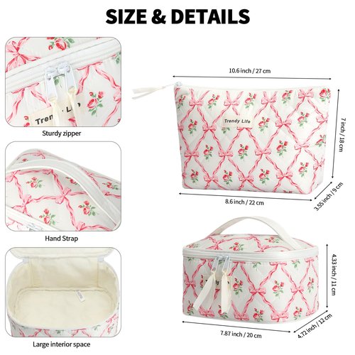 HAOGUAGUA 2 Pieces Makeup Bag, Small Large Quilted Cosmetic Bag, Travel Floral Make Up Toiletry Organizer Bag for Women Girls (2PCS STYLE B-1)