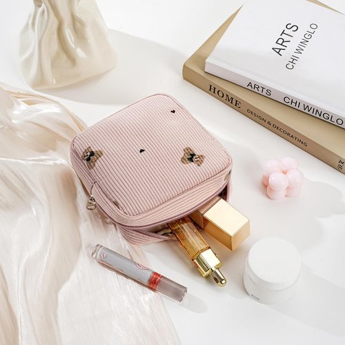 RSRSLEII Cute Mini Corduroy Zipper Makeup Bag for Purse, Coquette Aesthetic Pouch with Bear Pattern for Women Girls,Key Pocket Lipstick Bag Card Holder Data Cable Organizer(05Great Bear)