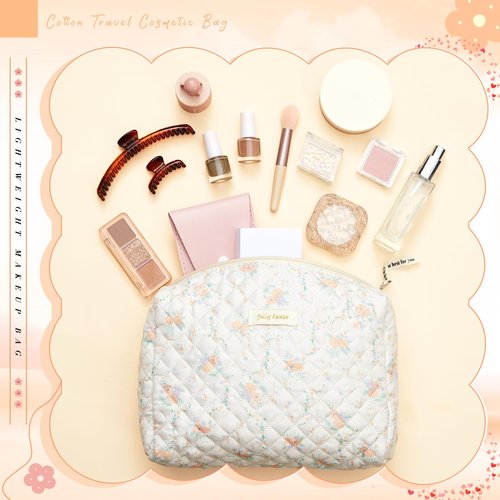Zeyune 3 Pcs Makeup Bag Quilted Cosmetic Bags Large Floral Makeup Bag Set for Women Cotton Flower Travel Toiletry Storage Cute with Zipper for Women Mom Birthday Gift Home Bathroom(Apricot Peony)