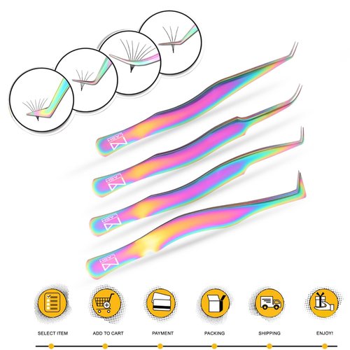 M LASH Eyelash Tweezers for Eyelash Extensions (Set of 4) - Professional Lash Extension Tweezers - Fiber Tip Lash Tweezers, Japanese Steel, Diamond Grip For Flawless Application (Blue)