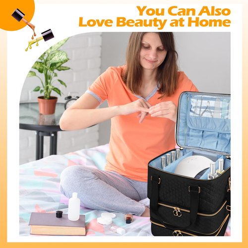 Cheungren Nail Polish Organizer Case - Three Layer Nail Polish Storage Bag with Adjustable Dividers Holds 84 Bottles Nail Polish Nail Lamp Nail Kit Supplies Organizer Box - Black