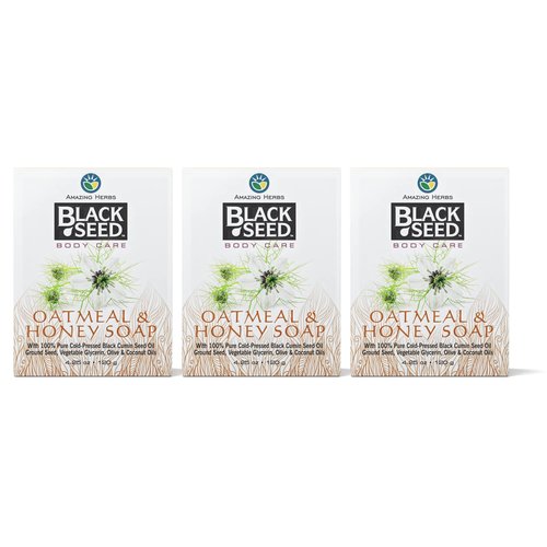 Amazing Herbs Black Seed Soap - 100% Pure Cold-Pressed Black Cumin Seed Oil, All Natural, Free of Colors, Dyes, & Fragrances - Black Seed Oatmeal & Honey Soap, 4.25 Oz (Pack of 3)