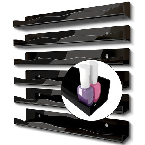 YMVV Black Acrylic Nail Polish Wall Racks,15" Increased Width Black Wall Mounted Shelves Nail Polish Organizer, Sunglasses Essential Oil Storage Shelf Display 6 Pack
