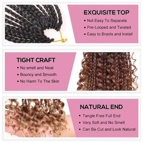 COOKOO 22 Inch Goddess Box Braids Crochet Hair for Women 8 Packs Synthetic Hippie Pre Looped Bohemian Boho Box Braids With Curly Ends Twist Braiding Hair 53#