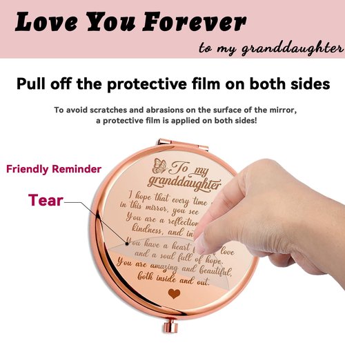 HNLUGF to My Granddaughter - You're Amazing and Beautiful - Pocket Mirror, Granddaughter Engraved Compact Mirror, Family First Mirror Encouragement Gifts from Grandparents (Rose Gold-B)