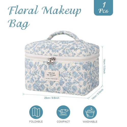Givurao Large Makeup Bag, Cute Cosmetic Bag for Women Girls Floral Coquette Aesthetic Toiletry Bag Travel Make Up Organizer Bag (Blue)