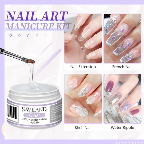 SAVILAND Builder Nail Gel Set - 2 Basic Colors Nail Extension Kit with Foundation Gel Top Gels LED Lamp Brush 100 Pcs Nails Forms at Home Salon