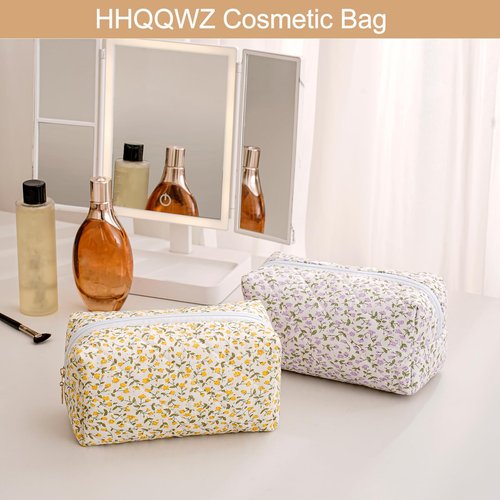 HHQQWZ Cute Floral Cotton Makeup Bag for Women, Travel Cosmetic Bag Quilted Zipper Make Up Pouch, Pink Purple Floral Flowers Toiletry Organizer Kawaii Makeup Cosmetic Travel Cloth Bag (Purple)