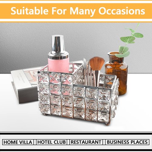 LUEXBOX Crystal Makeup Brush Holder, One-Piece Square Brush Organizer, Cosmetics Brush Storage Container for Table, Dresser, Bathroom, Bedroom Organization (Silver)
