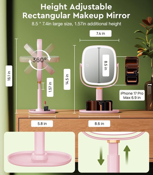 Glowtop Height Adjustable Lighted Makeup Mirror with Lights and Magnification, 1X 20X Magnifying Mirror with Light 4000mAh Rechargeable, Tray Base and Phone Stand for Desk, Gifts for Women (Pink)