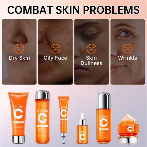 Vitamin C Skin Care Set for Women - 6PCS Skincare Gift Set With Facial Cleanser, Toner, Eye Cream, Serum, Lotion & Face Cream - Moisturizing Face Skin Care Kit for Anti-Wrinkle for All Skins
