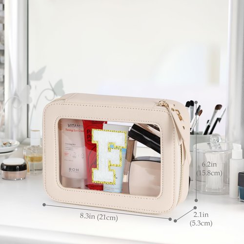 Clear Initial Makeup Bag - Toiletry Cosmetic Bag For Women, Cute Car Accessories & Essentials, And Preppy Makeup Bag For On-The-Go Glam - Gold Zippers Included, With Chenille Letter Decoration(F)